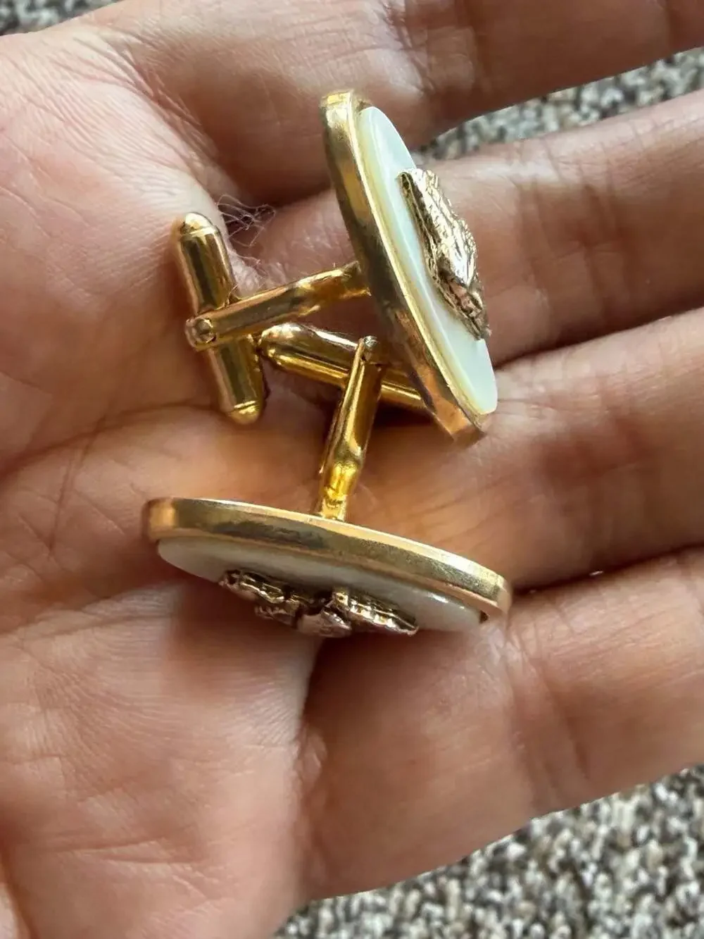 Vintage Anson Gold Tone Oval Cufflinks with Mother of Pearl and Raised Bird Deta